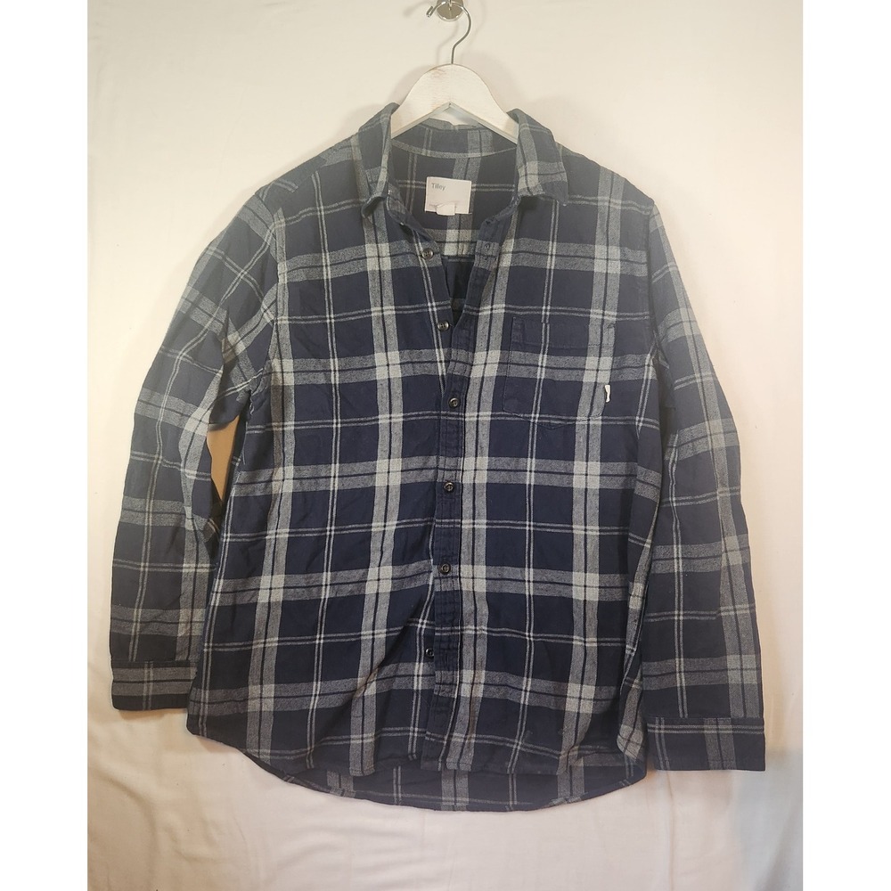 Tilley Navy Blue Grey Plaid Flannel Button Down Shirt Long Sleeve Large